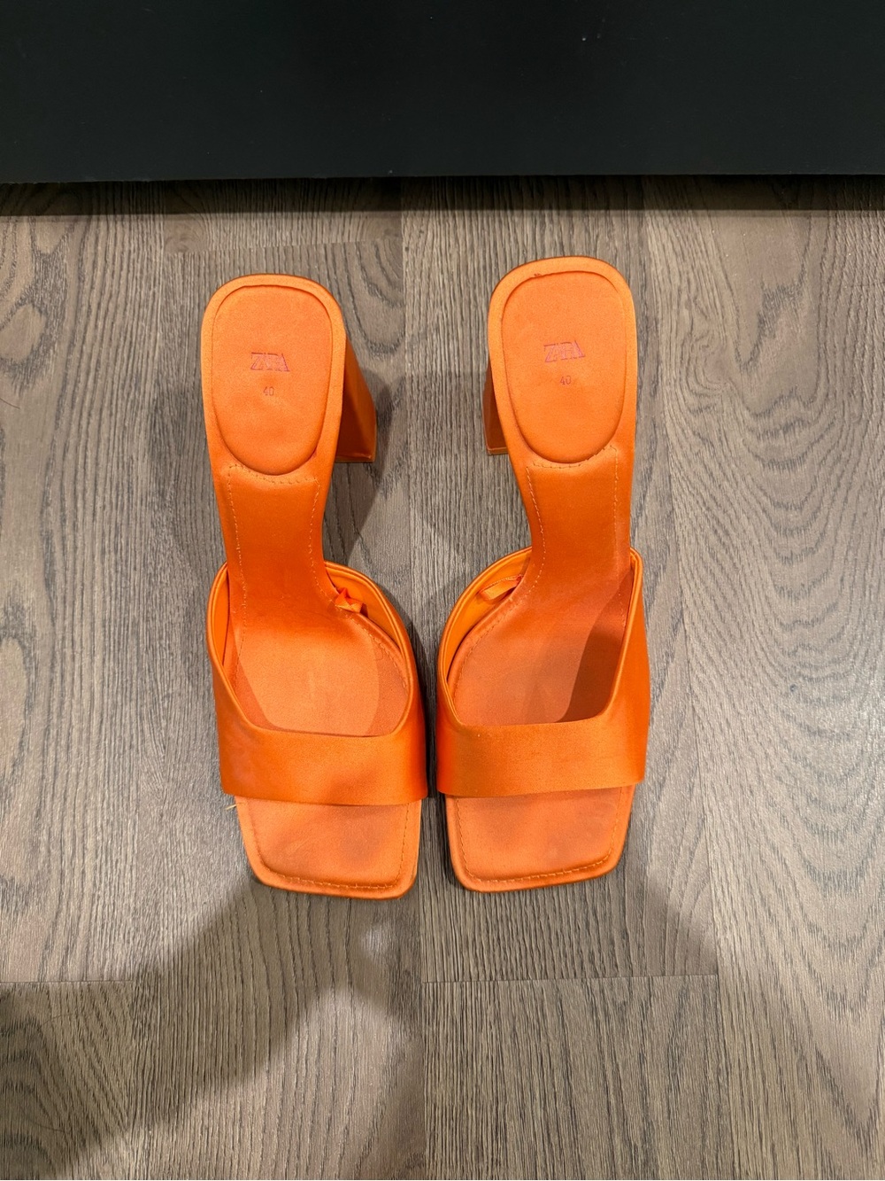 Zara Women's Orange Satin Square Toe Block Heel Sandals